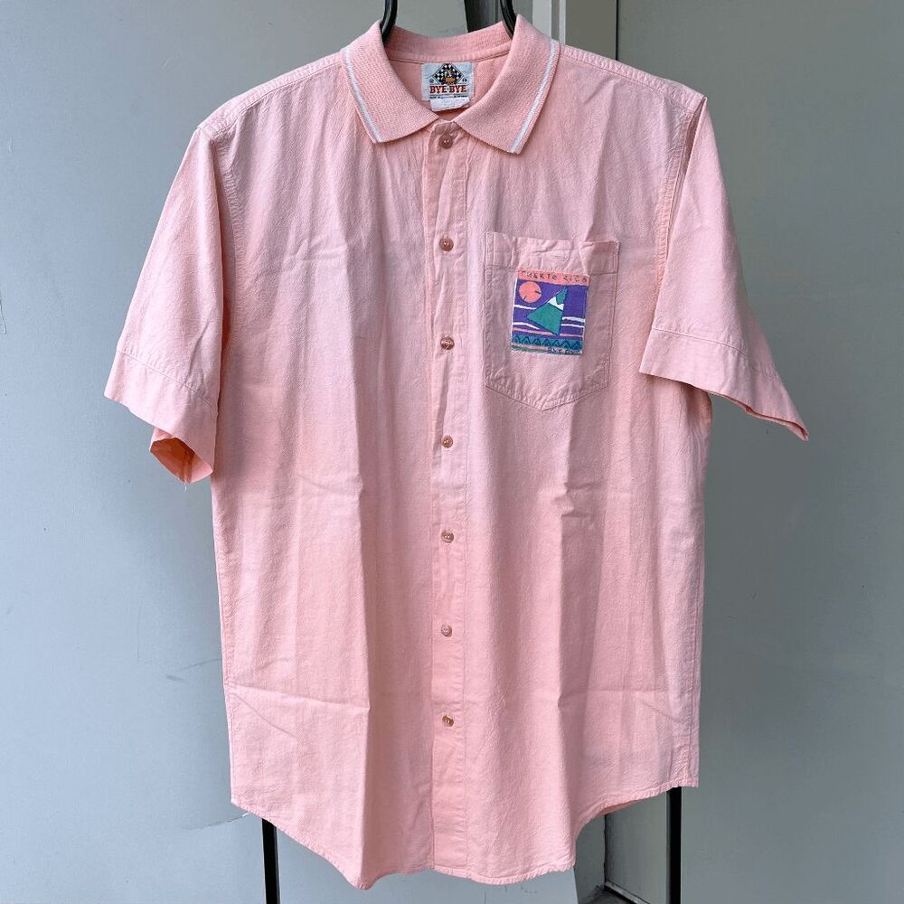 Vintage 1993 Cotton Canvas Peachy Button Down Polo Shirt with Patch - SZ M/L